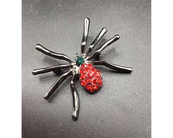 Vintage Spider Brooch Gun Metal Color Red Green Rhinestones Insect Figural Pin
