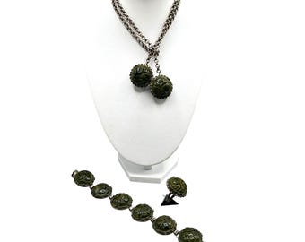 Carved Green Bakelite Jewelry Set Necklace Bracelet And Sterling Silver Ring Size 8