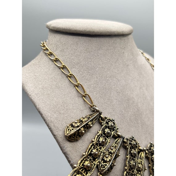 Statement Necklace Antiqued Gold Tone Bib Style E… - image 10
