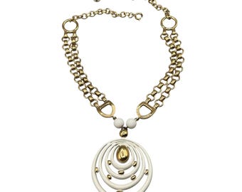 Eisenberg Necklace Vintage White Enamel & Gold Tone Statement Double Chain 18"