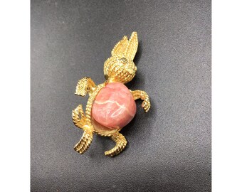Bunny Brooch Rabbit Pin Pink Rhodonite Semi Precious Stone Costume Jewelry