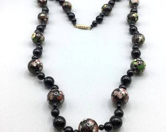Vintage Black & Cloisonne Beaded Necklace Long Single Strand Onyx Beads Jewelry