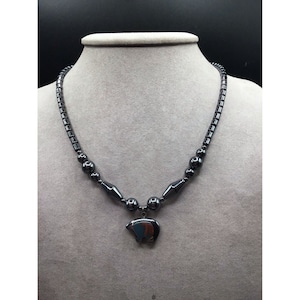 Hematite Bear Fetish Necklace Black Beaded Choker Collar with Bear Pendant