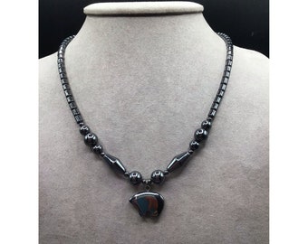 Hematite Bear Fetish Necklace Black Beaded Choker Collar with Bear Pendant