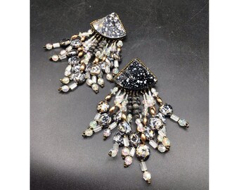 Vintage Beaded Earrings Statement Oversized Handcrafted Tribal Pierced Earrings
