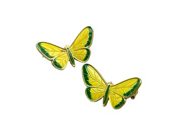 Vintage Yellow & Green Butterfly Enamel Brooch Pins Pair of Scatter Pins