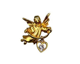 Cherub Angel Pin With Heart And Rhinestone Gold Tone Vintage