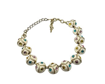 Vintage Jeweled Choker Necklace Cream Enamel Pastel Colors Cabochons Domed Links