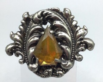 Vintage Repousse Brooch with Diamond Shaped Glass Stone Silver Tone Pin Signed