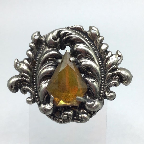 Vintage Repousse Brooch with Diamond Shaped Glass Stone Silver Tone Pin Signed