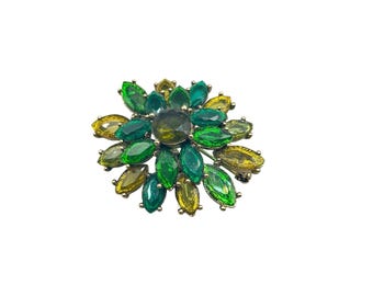 Signed MONET Green & Yellow Rhinestones Flower Acrylic Flatback Stones Gold Tone