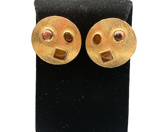 80s Fashion Earrings Fun Clip On Gold Tone Round Jeweled Brushed Button Style