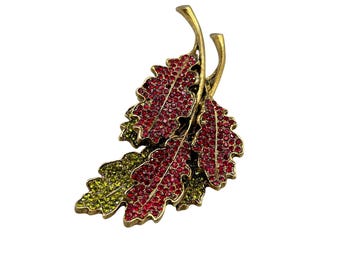Vintage Fall Leaves Rhinestone Brooch Red & Green Crystals Autumn Jewelry