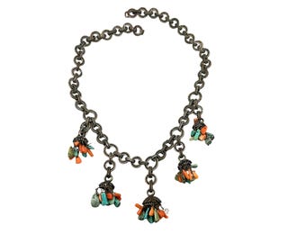 Antique Etruscan Necklace With Turquoise & Coral Chips Dangles Silver Tone Metal