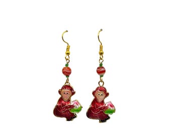Vintage Enamel Monkey Dangle Earrings Double Sided with Bead Accents