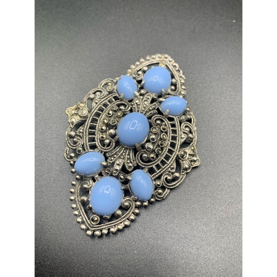 Vintage brooch Blue Glass Cabochons and marcasite… - image 4