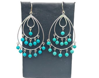 Sterling Silver 925 Teardrop Earrings with Turquoise Bead Dangles Ethnic Style