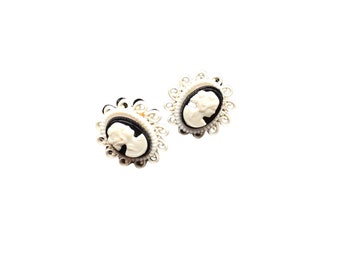 Vintage Black and White Cameo Earrings Plastic Lace Style Frame Screw Back Style