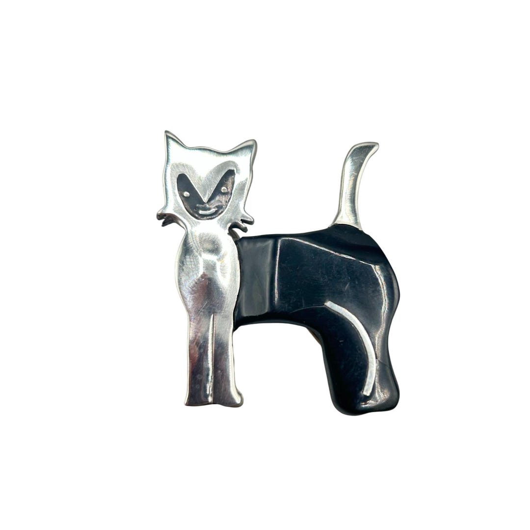 メキシコ 925 スターリングシルバー 猫ピンブローチ ブラックオニキス