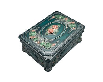 Vintage Ornate Floral Embossed Celluloid Jewelry Box with Rose Motif