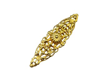 Vintage Gold Tone Bar Pin Brooch With Floral Motif Elongated Elegant Design