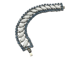 Vintage Milk Glass & Light Blue Rhinestone Bracelet Wide Elegant Costume Jewelry