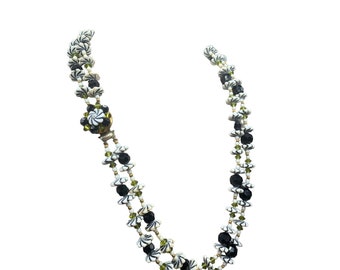 Double Strand Retro Necklace Flower Beads Plastic Glass Green White Black Gold