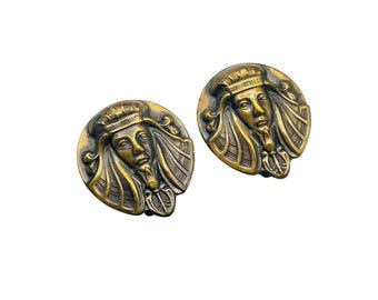 Egyptian Pharaoh Clip On Earrings Vintage Brass Figural Round Button Clipons