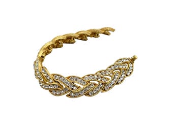 Vintage Signed Trifari Gold Tone Braided Bracelet with Clear Rhinestones