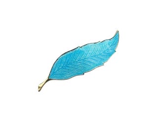 Blue Enamel Leaf Pin Brooch Elongated Leaf Gold Tone Metal