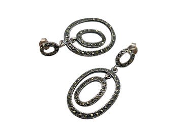 Sterling Silver And Marcasite Pierced Dangles Earrings Oval Drops Rings