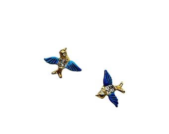 Vintage Blue Bird Scatter Pins with Rhinestone Details Set of 2 Flying Birds