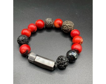Dyed Red Bamboo Coral and Lava beads beaded bracelet