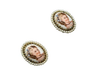 Vintage Portrait Earrings Cameo Style Hand Painted Lady Profile Ceramic Cabs With Faux Pearls