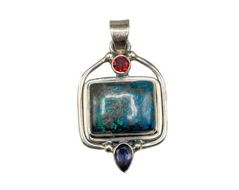 Vintage 925 Silver Pendant w Gemstones Rectangular Turquoise Red & Purple Stones