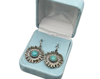 Sterling Silver & Turquoise Sunflower Sunburst Earrings Pierced Dangles