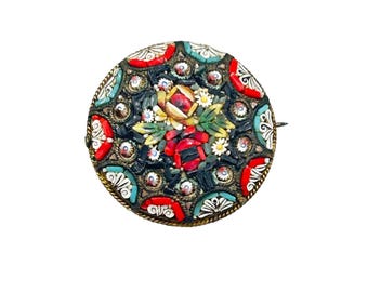 Vintage Italian Micro Mosaic Pin Brooch Floral Small Round Older Glass Tiles
