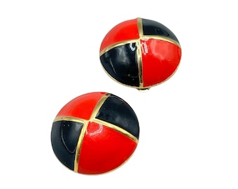 Vintage St. John Enamel Clip On Earrings Red & Black Round Design Gold Tone