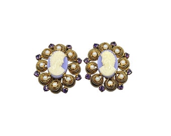 Vintage Clip On Cameo Earrings Gold Tone with Purple Plastic Cameo & Rhinestones