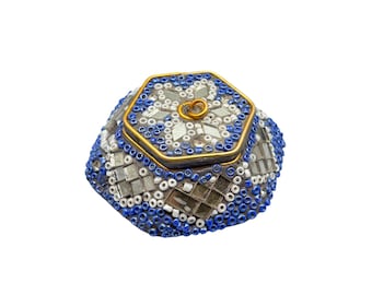 Vintage Mini Trinket Box Micro Beads Mirror Tiles Mosaic Style Blue Color