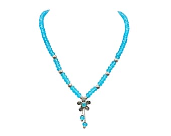 Faceted Blue Beaded Necklace With Sterling Silver Flower Accent