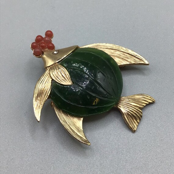 Puffy Fish Brooch Green Semi Precious Stone Gold … - image 5