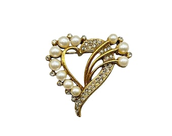 Vintage Heart with Pearls & Rhinestones Pin Brooch Gold Tone Costume Jewelry