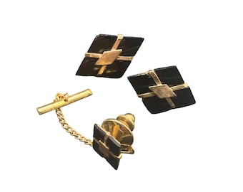 14k Gold Onyx Earrings and Tie Tack Lapel Pin Set Vintage Diamond Shaped Studs