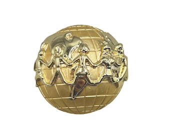Vintage AJC Children of The World Globe Holding Hands Brooch Gold Tone Peace Pin