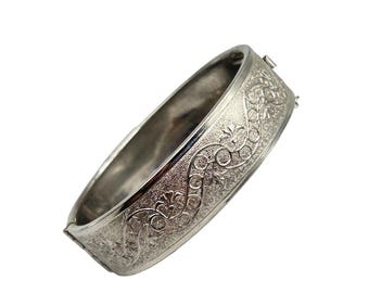 Vintage Ornate Silver Tone Hinged Bangle Bracelet with Safety Chain