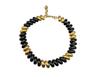 Vintage MONET San Marco Necklace Black Enamel And Gold Macaroni Link Choker
