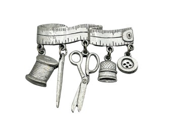 Vintage Signed Jj Seamstress Pin Brooch Measuring Tape Sewing Supplies Charms