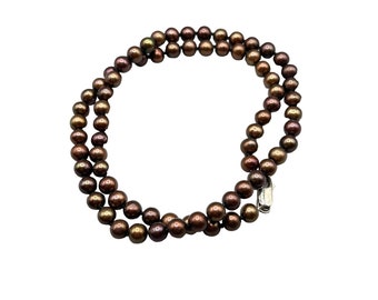 Cultivated Genuine Pearls Necklace Dyed Brown Color Round Hand Knotted Strand