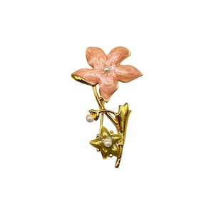 Vintage Pink Floral Enamel Gold Tone Pin Brooch With Faux Pearl Accents